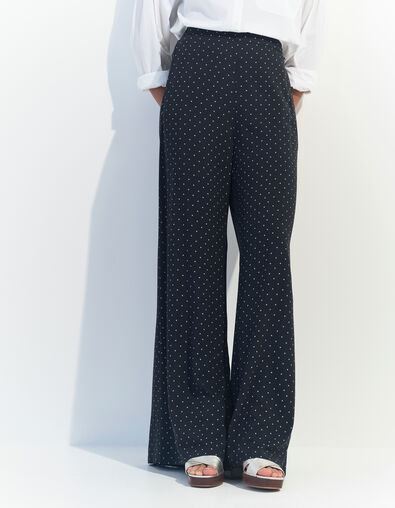 PIRANGI - Pantalon fluide noir imprim&eacute; carr&eacute;s &eacute;crus - One Step