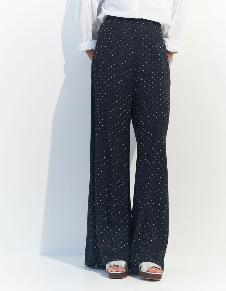 PIRANGI - Pantalon fluide noir imprim&eacute; carr&eacute;s &eacute;crus-1