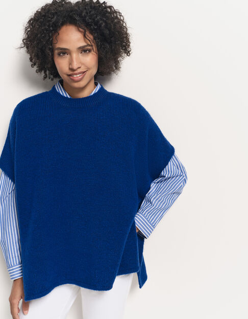 ADA - Poncho bleu tricot boutons côtés - One Step