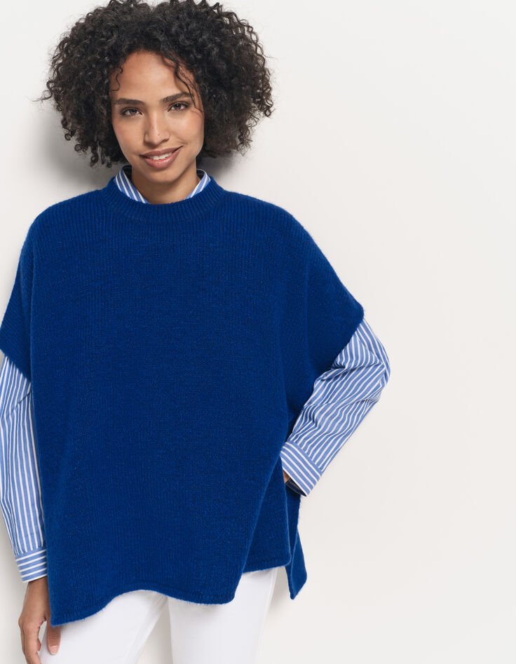 ADA - Poncho bleu tricot boutons côtés-1