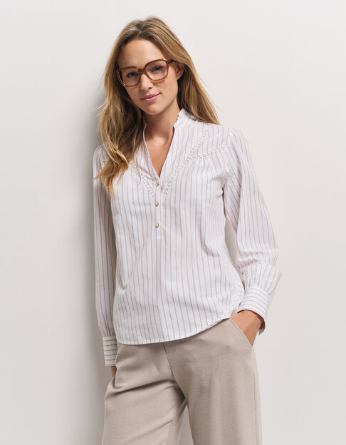 CAYCE - Blouse blanche motif rayures beige  - One Step