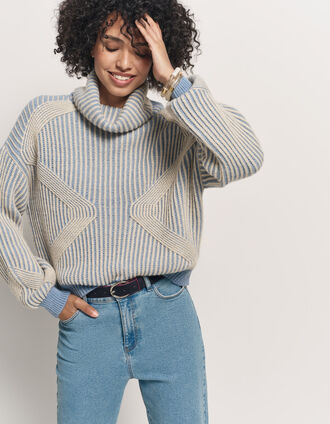 TOKAYA - Pull col roulé bleu tricot côtelé bicolore