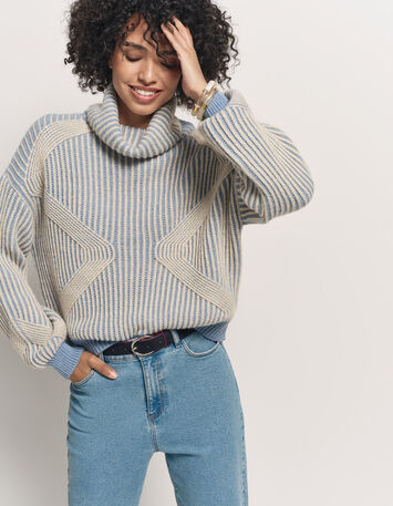 TOKAYA - Pull col roulé bleu tricot côtelé bicolore-2