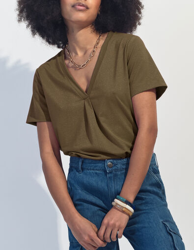 MARCIA - T-shirt kaki encolure V maille iris&eacute;e  - One Step