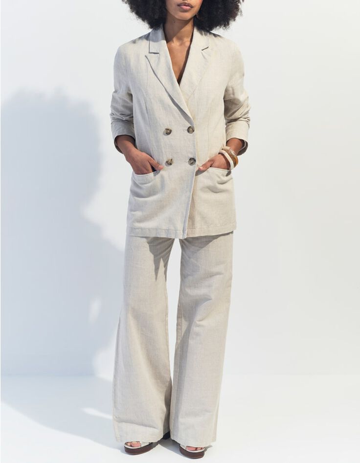 PAULINO - Pantalon de costume beige chin&eacute; en lin et coton -5