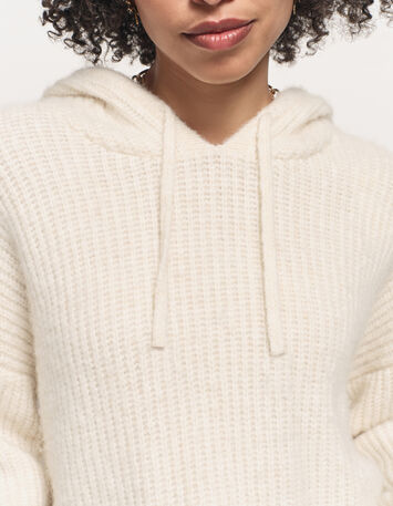 TWILL - Pull écru à capuche tricot côtelé-4