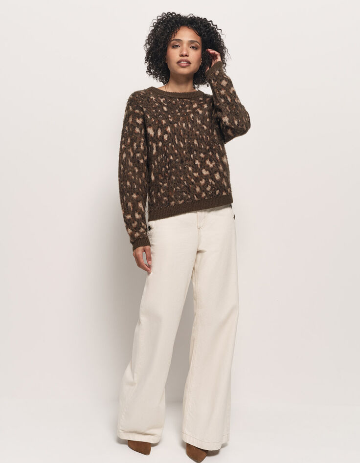 TEAL - Pull kaki tricot motif tachiste animalier-5