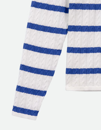 TAVACO - Pull &eacute;cru tricot torsades et rayures bleues-3