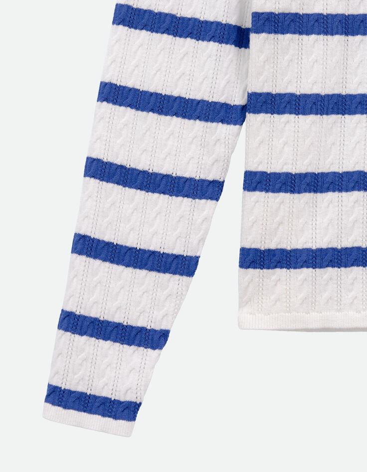 TAVACO - Pull &eacute;cru tricot torsades et rayures bleues-3