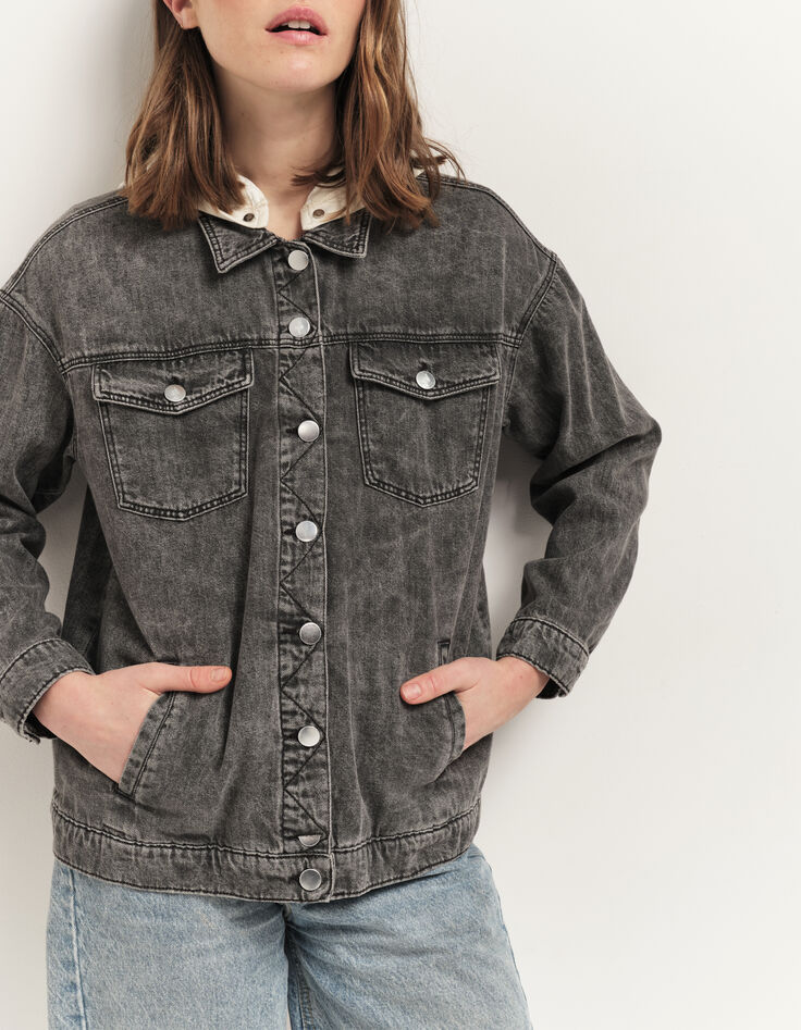DOLLIS - Veste en jean opale grey avec capuche amovible-2