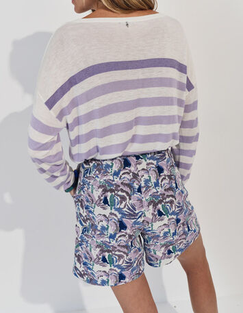 TONIO - Pull &eacute;cru tricot rayures parme -4