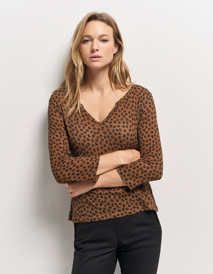 MAGNETIC - T-shirt camel maille coton lin motif léopard-2