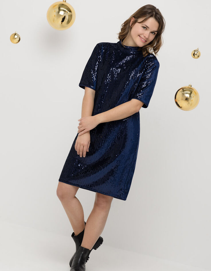 ROZE - Robe marine maille brodée sequins-1