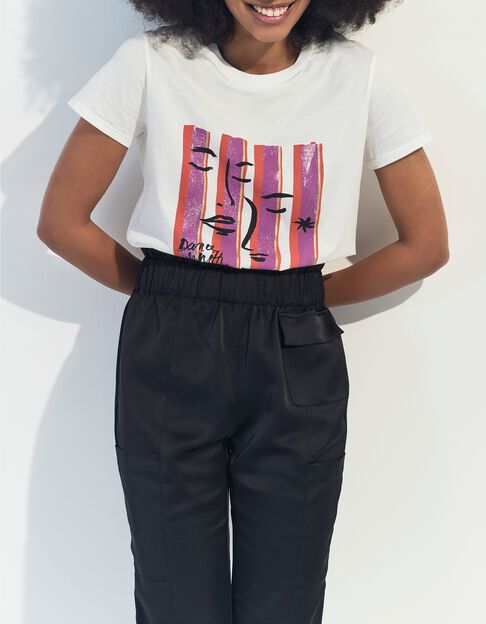 MIKA - T-shirt &eacute;cru coton bio visages sur fond ray&eacute;  - One Step