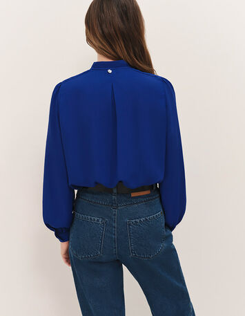CYRILLE - Blouse saphir blue fluide &agrave; col lavalli&egrave;re-5