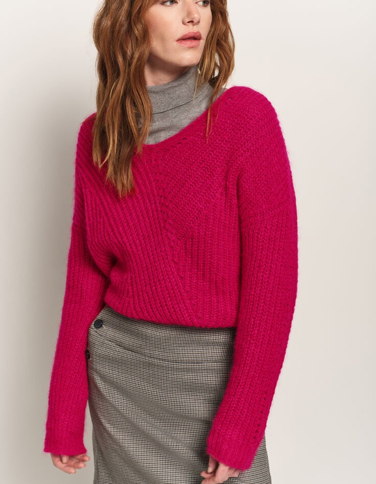 TYLER - Pull rose tricot côtelé mohair mélangé-1 TYLER - Pull rose tricot côtelé mohair mélangé-1