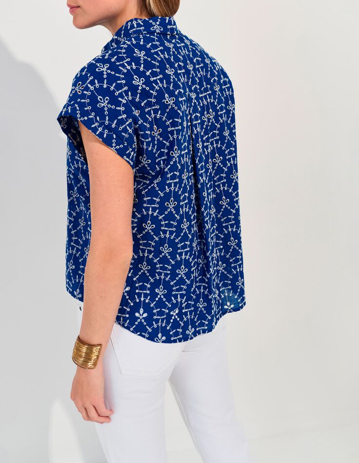 CORNELIA - Chemise bleue coton bio broderies all-over -3