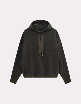 TIMON - Pull kaki à capuche tricot bordé lurex