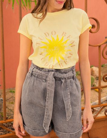 MIKA - T-shirt jaune coton bio message paillet&eacute; et soleil -1