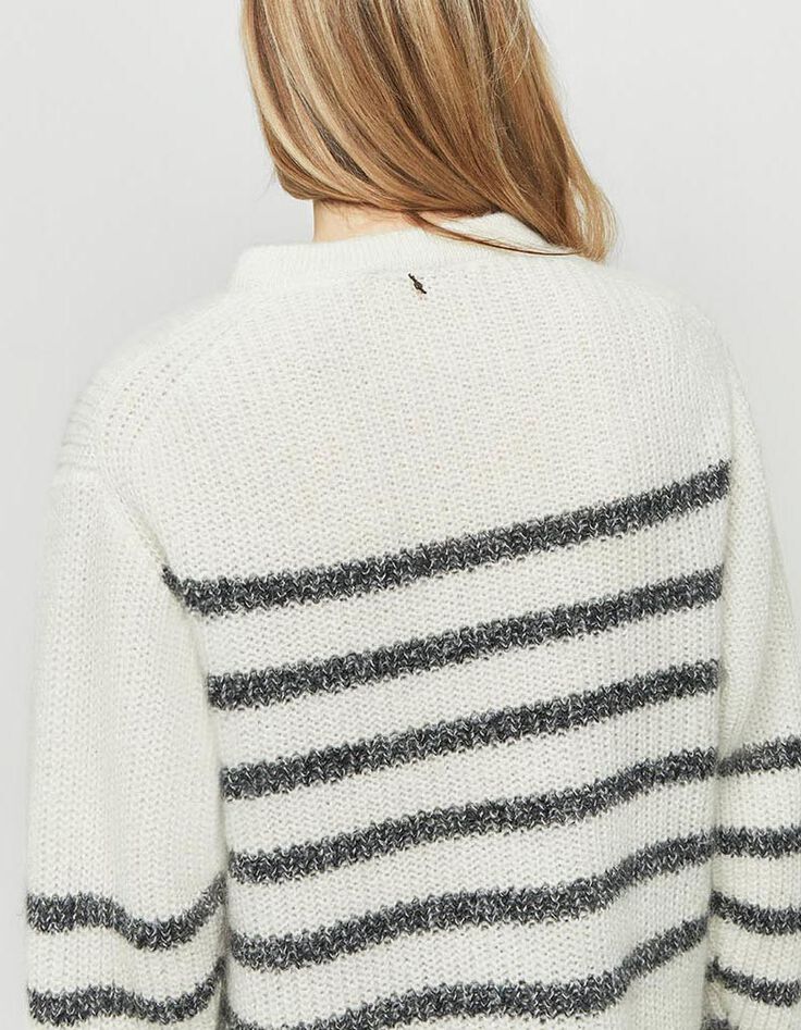 TALIA - Pull écru en tricot ajouré à rayures marine-5