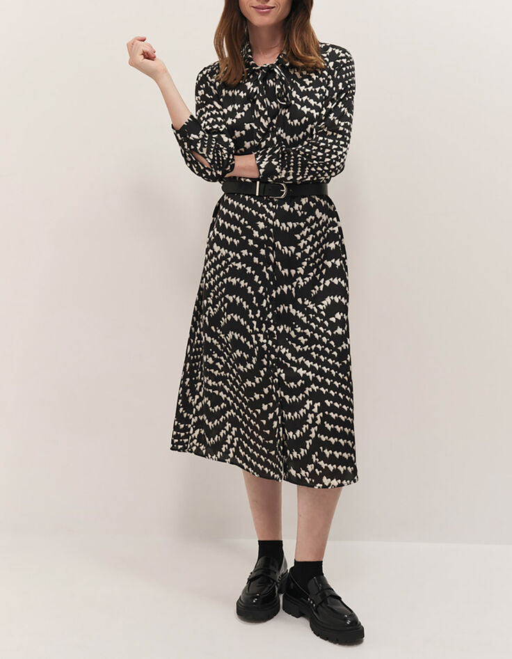 ROUBEN - Robe chemise longue noire à imprimé optique-1