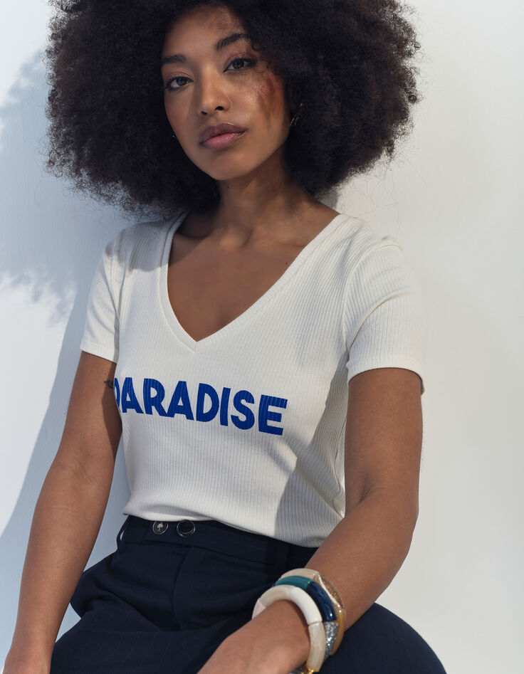 MIRO - T-shirt blanc côtelé à message -2