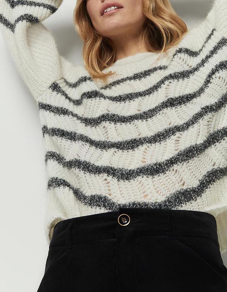 TALIA - Pull écru en tricot ajouré à rayures marine-4