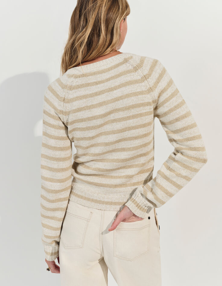 TERESA - Pull blanc tricot motif rayures lurex beige -2