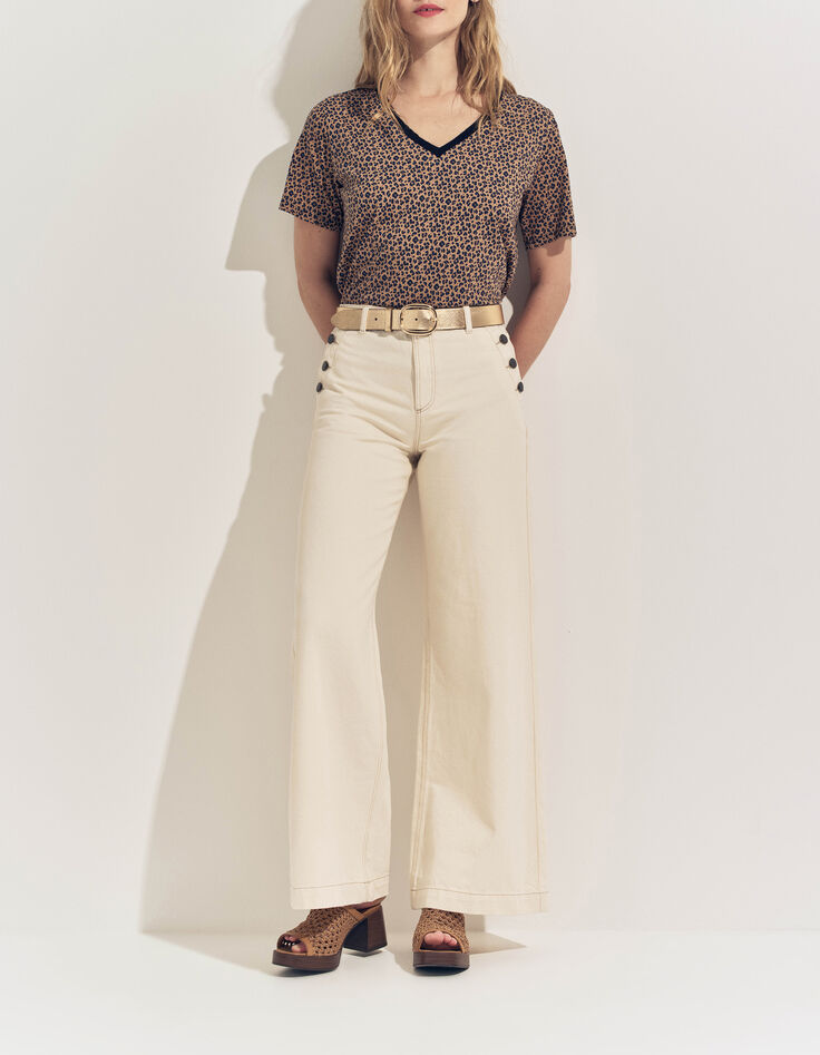 MAYA- T-shirt beige motif micro l&eacute;opard-1