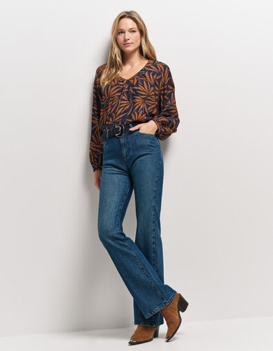 CINDY - Blouse marine imprim&eacute; maxi feuilles - One Step