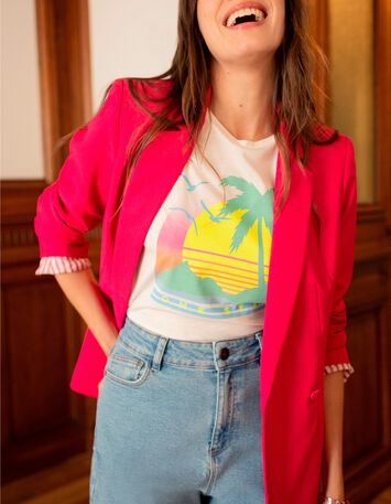 MAMBO - T-shirt blanc visuel palmier fluo -1