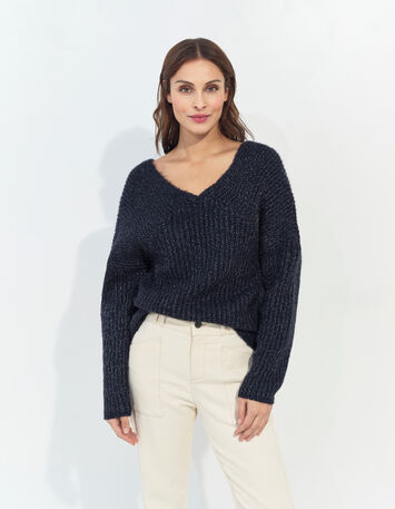 TIMEO - Pull marine tricot lurex encolure V devant/dos-4