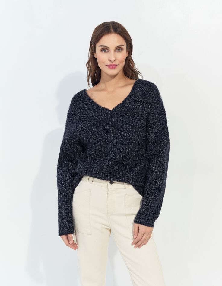TIMEO - Pull marine tricot lurex encolure V devant/dos-4