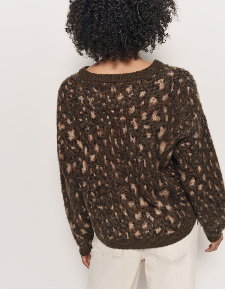 TEAL - Pull kaki tricot motif tachiste animalier-3
