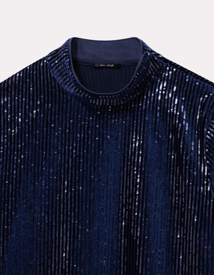 ROZE - Robe marine maille brodée sequins-2