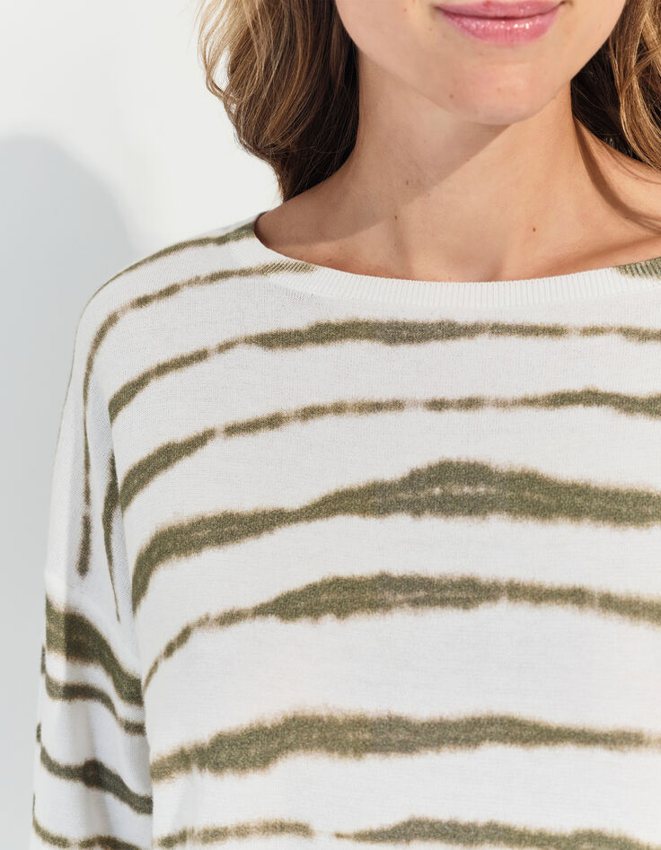 TECLA - Pull blanc motif rayures floues kaki -4