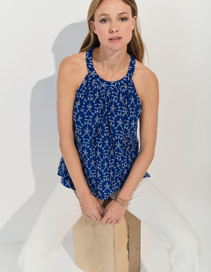 CORTES - Top bleu coton bio broderies all-over -2