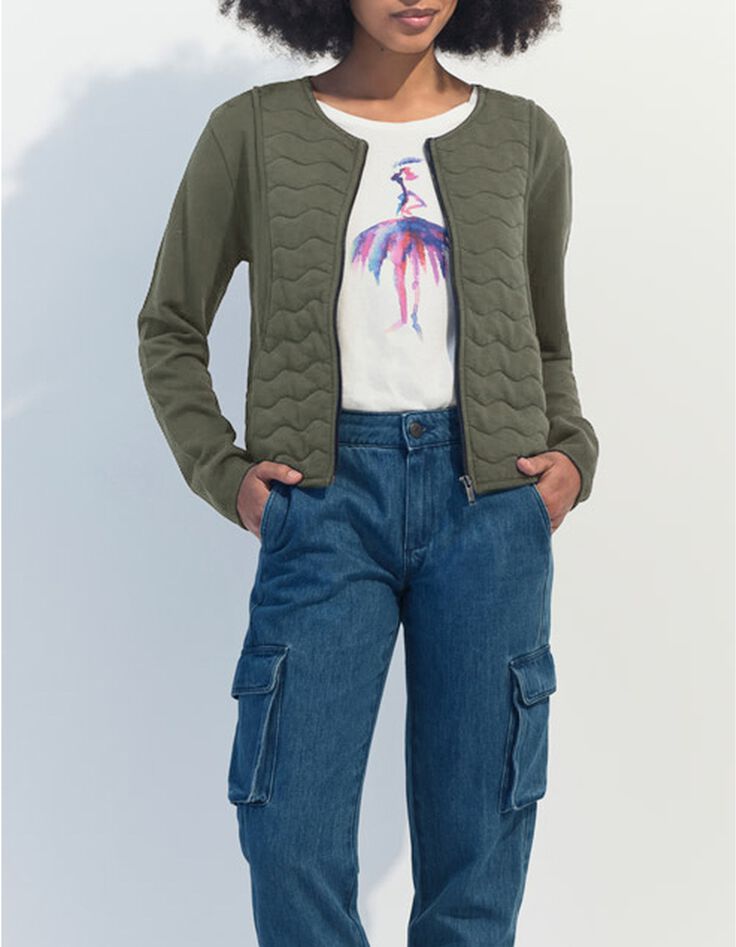 MARINO - Cardigan kaki coton bio zipp&eacute; maille matelass&eacute;e -6