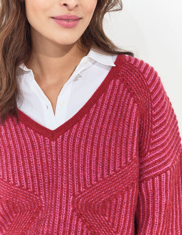 THORY - Pull encolure V rouge tricot c&ocirc;tel&eacute; bicolore-4