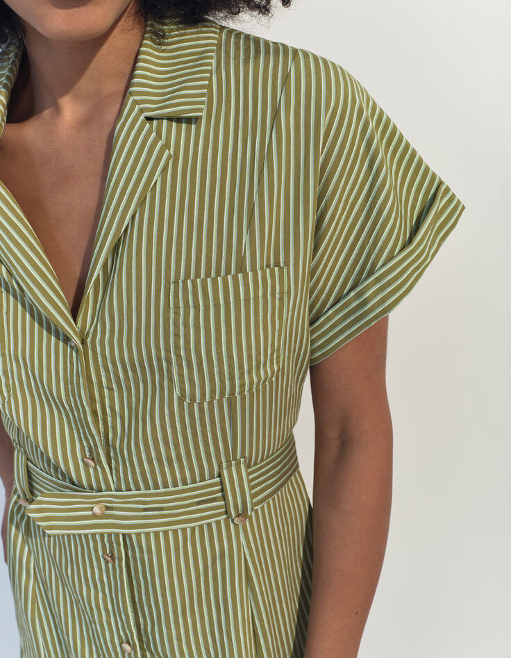 RORAIMA - Robe chemise verte à motif fines rayures -3