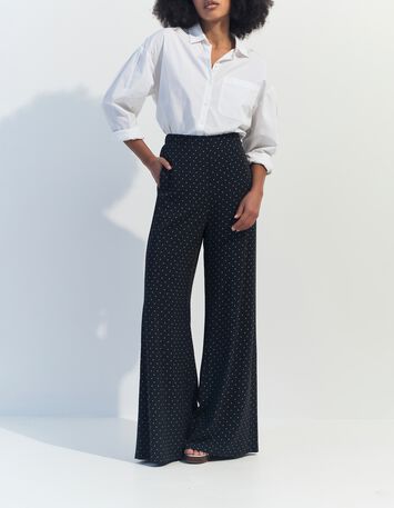 PIRANGI - Pantalon fluide noir imprim&eacute; carr&eacute;s &eacute;crus-5