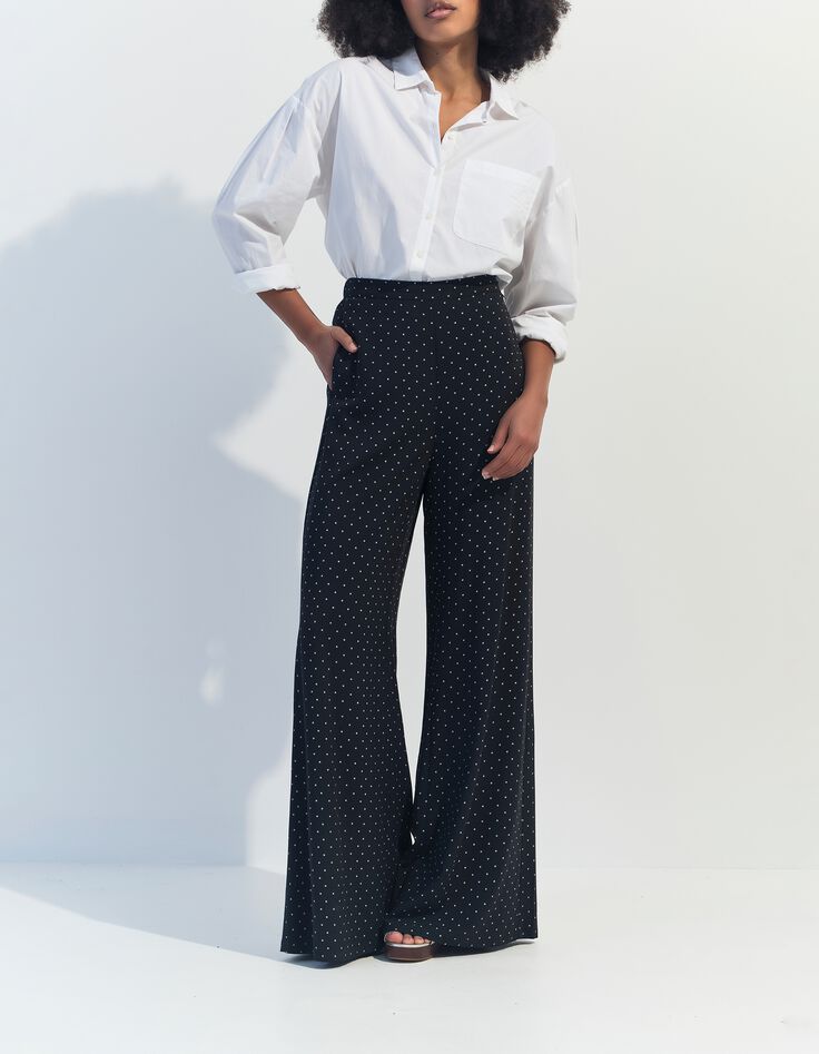 PIRANGI - Pantalon fluide noir imprim&eacute; carr&eacute;s &eacute;crus-5