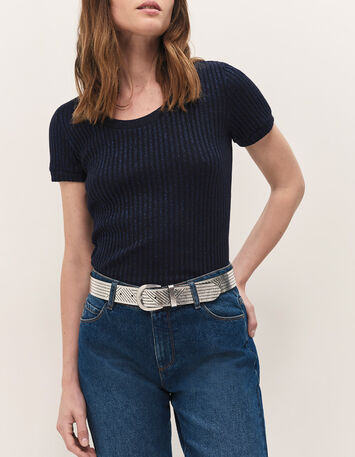 MILESI - T-shirt marine maille lurex c&ocirc;tel&eacute;e-5
