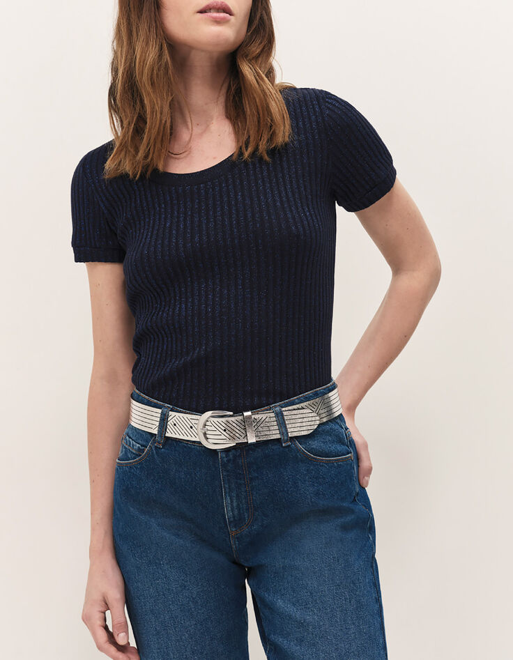MILESI - T-shirt marine maille lurex c&ocirc;tel&eacute;e-5