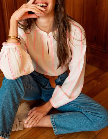 CEYLAN - Blouse blanche rayures fantaisie rose fluo-1