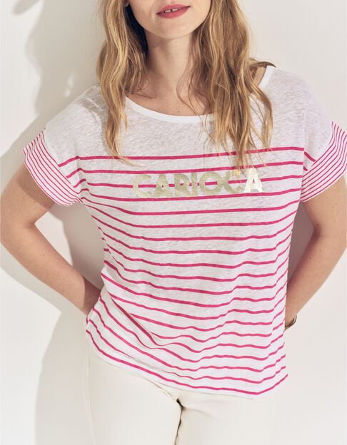 MOLLY- T-shirt blanc rayures rose et message - One Step