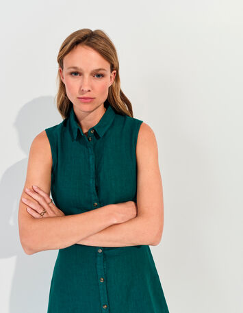 RECIFE - Robe chemise longue verte lin certifié surteint -4