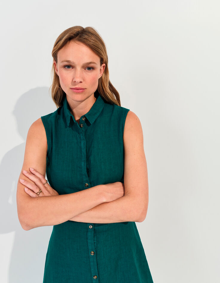 RECIFE - Robe chemise longue verte lin certifié surteint -4