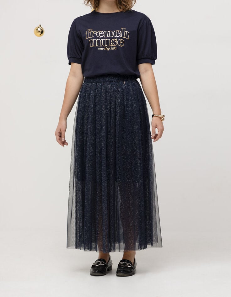 JANICE - Jupe midi marine tulle pailleté-2