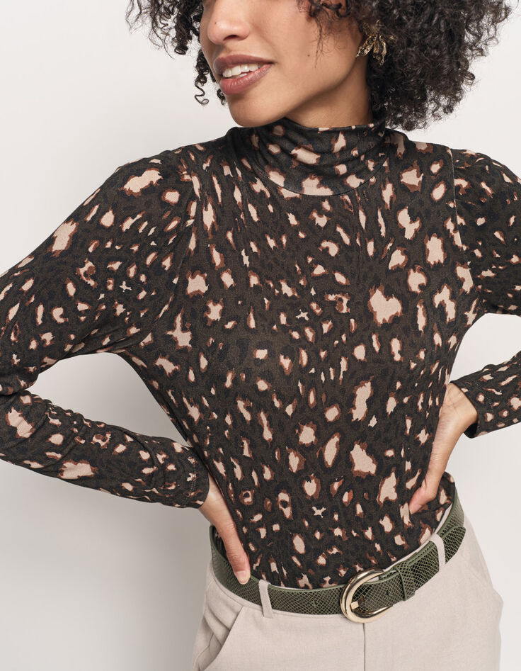 MADLY - T-shirt kaki col roulé imprimé tachiste animalier-5 MADLY - T-shirt kaki col roulé imprimé tachiste animalier-5